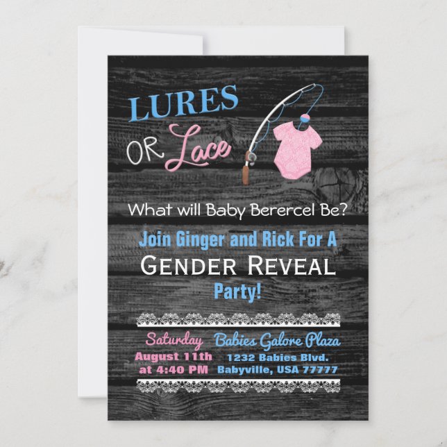 Lures or Lace Wooden Gender Reveal Baby Shower Invitation (Front)