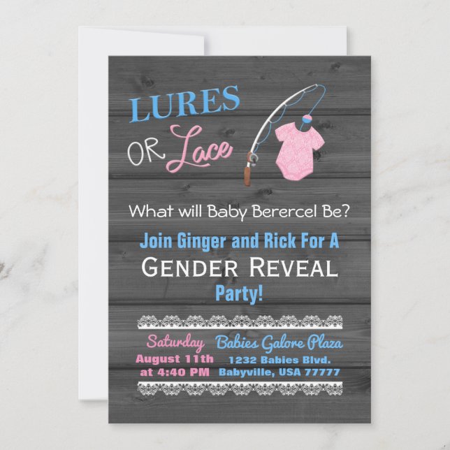 Lures or Lace Wooden Gender Reveal Baby Shower Invitation (Front)