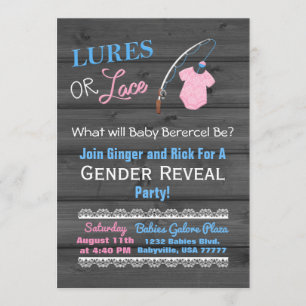 Lures or Lace Wooden Gender Reveal Baby Shower Invitation