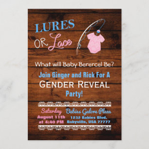 Lures or Lace Wooden Gender Reveal Baby Shower Invitation
