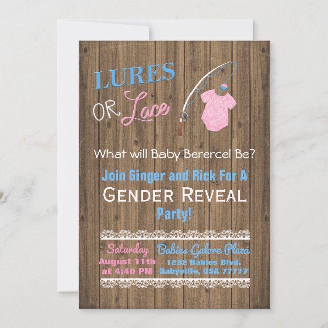 Lures or Lace Wooden Gender Reveal Baby Shower Invitation (Front)