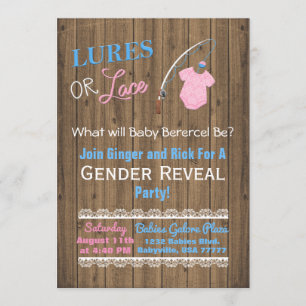 Lures or Lace Wooden Gender Reveal Baby Shower Invitation