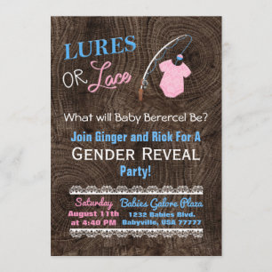 Lures or Lace Wooden Gender Reveal Baby Shower Invitation