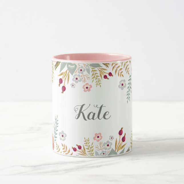 Luscious Floral Personalised Name Two Tone Coffee Mug (Center)
