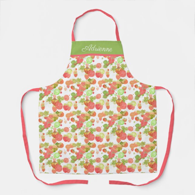 Luscious Raspberries Pink & Green Personalized Apron (Front)