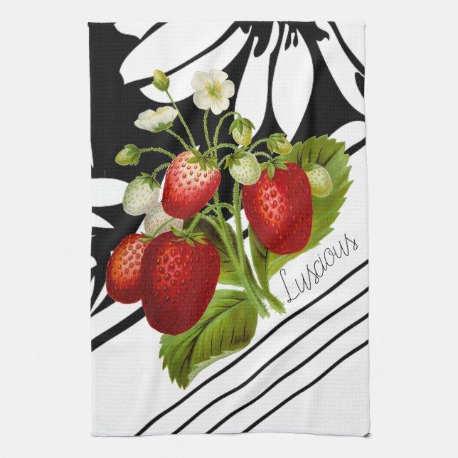 Luscious Strawberries on Black and White Graphic Tea Towel (Vertical)
