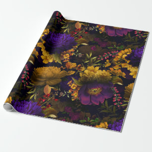 Lush antique dark yellow purple flowers pattern wrapping paper