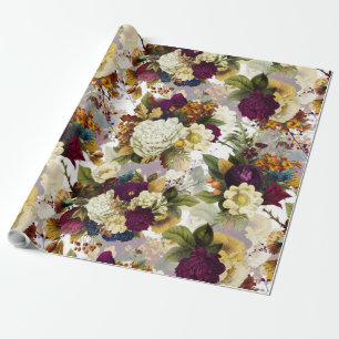 Lush antique flower bouquets on white pattern wrapping paper