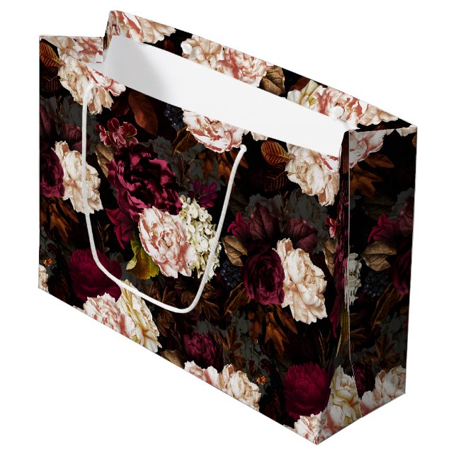 Lush baroque antique peony flowers on black large gift bag (Front Angled)