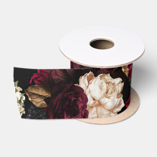 Lush baroque antique peony flowers on black satin ribbon