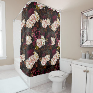Lush baroque antique peony flowers on black shower curtain