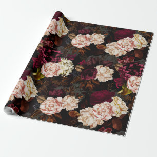 Lush baroque antique peony flowers on black wrapping paper