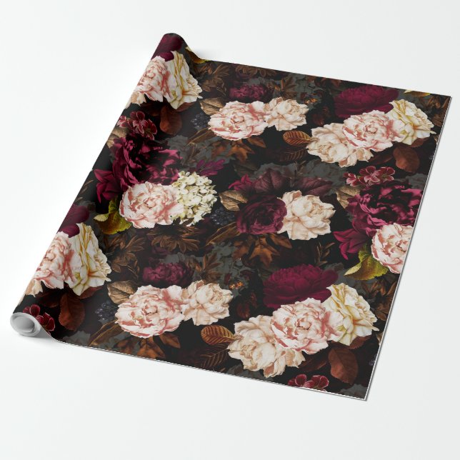 Lush baroque antique peony flowers on black wrapping paper (Unrolled)