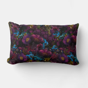 Lush baroque purple antique flowers on black lumbar cushion