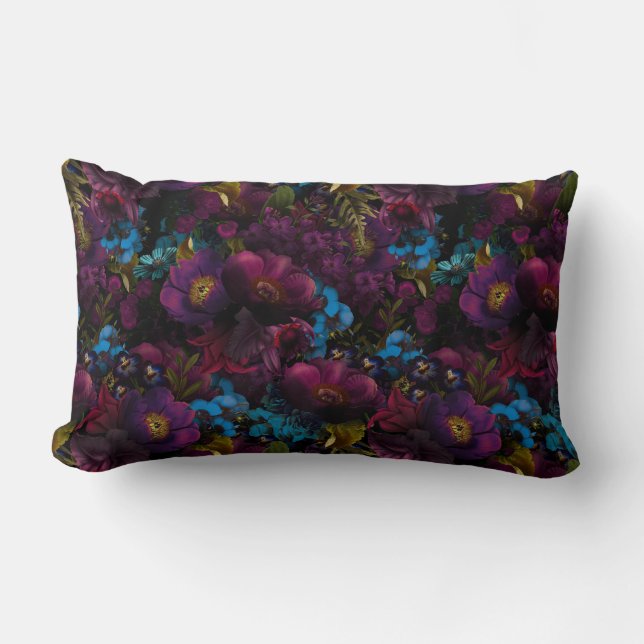 Lush baroque purple antique flowers on black lumbar cushion (Front)