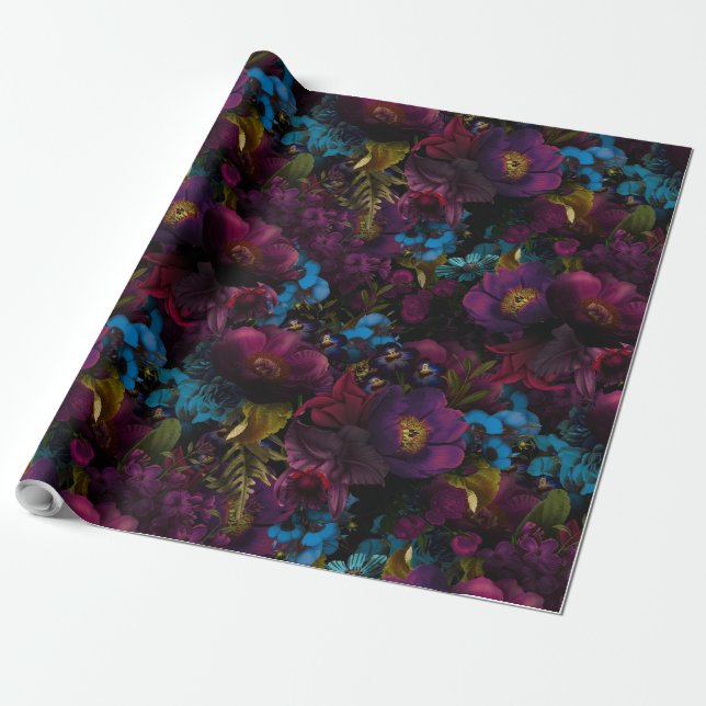 Lush baroque purple antique flowers on black wrapping paper (Unrolled)