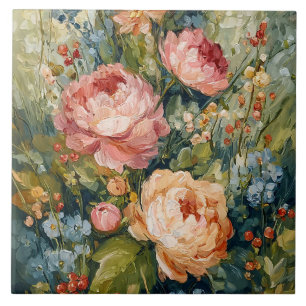 Lush Blooming Floral Arrangement Ceramic Tile