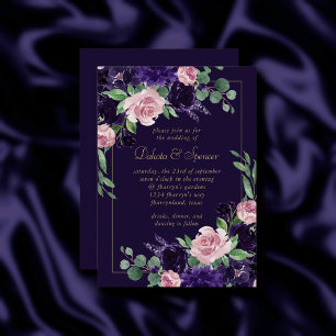 Lush Blossom Dark Purple and Pink Rose Floral Invitation