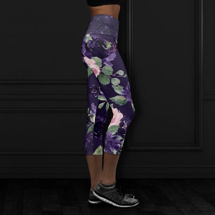 Lush Blossom   Dark Purple and Pink Rose Pattern Capri Leggings