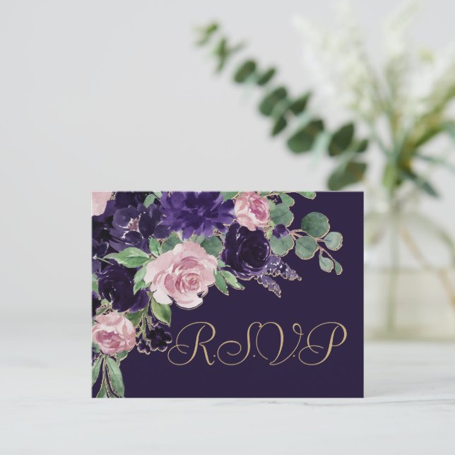Lush Blossom | Purple and Pink Rose Bouquet RSVP Postcard (Standing Front)