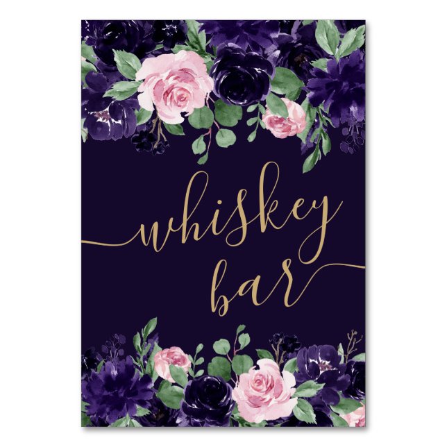 Lush Blossom | Purple and Pink Rose Whiskey Bar Table Number (Front)