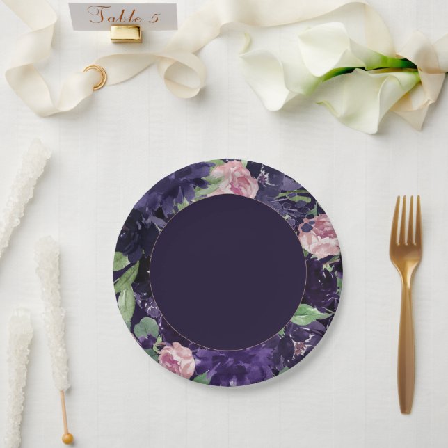 Lush Blossom | Purple and Pink Rose Wreath Floral Paper Plate (Wedding)