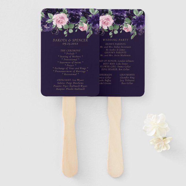 Lush Blossom | Purple and Pink Roses Ceremony Hand Fan (Front and Back)