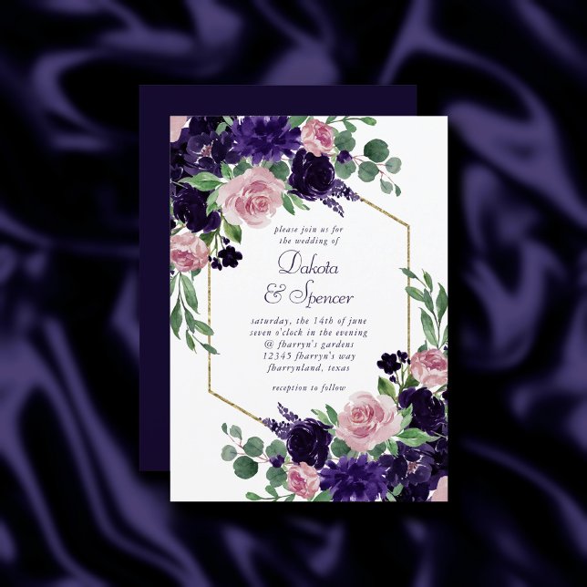 Lush Blossoms | Pink and Purple Bouquet Gold Frame Invitation (Creator Uploaded)