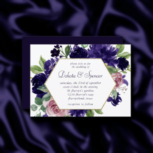 Lush Blossoms   Pink and Purple Wreath Gold Frame Invitation