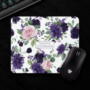 Lush Blossoms Purple and Pink Pattern Monogram Mouse Pad
