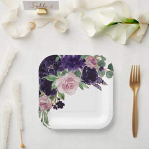 Lush Blossoms   Purple and Pink Rose Bouquet Paper Plate