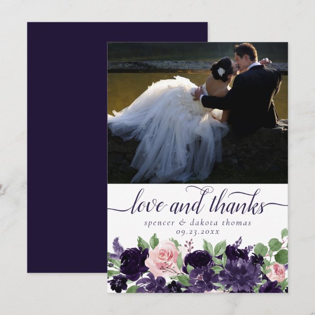 Lush Blossoms | Purple and Pink Rose Garland Photo Thank You Card (Front/Back)