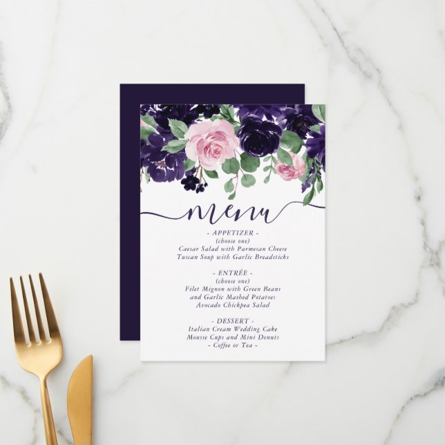Lush Blossoms | Purple and Pink Roses Garland Menu (Front/Back In Situ)