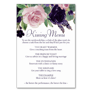 Lush Blossoms   Purple and Pink Roses Kissing Menu Table Number