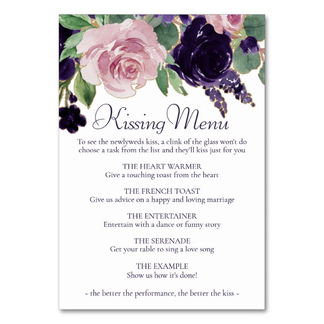 Lush Blossoms | Purple and Pink Roses Kissing Menu Table Number (Front)