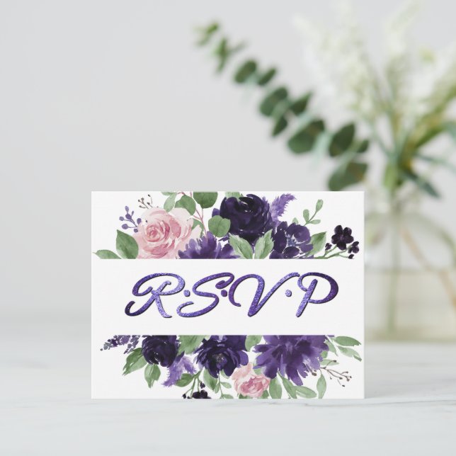 Lush Blossoms | Purple and Pink Roses RSVP Postcard (Standing Front)