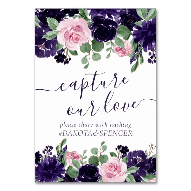 Lush Blossoms | Purple Pink Rose Capture Our Love Table Number (Front)