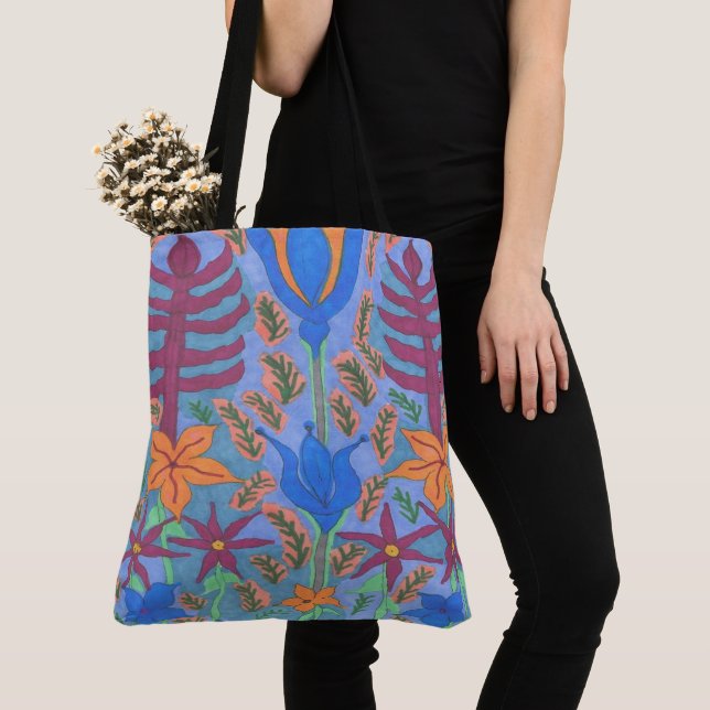 Lush Blue Bohemian Floral Garden Tote Bag (Close Up)