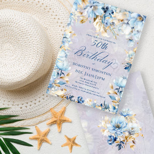 Lush Blue White Watercolor Floral 50th Birthday Invitation