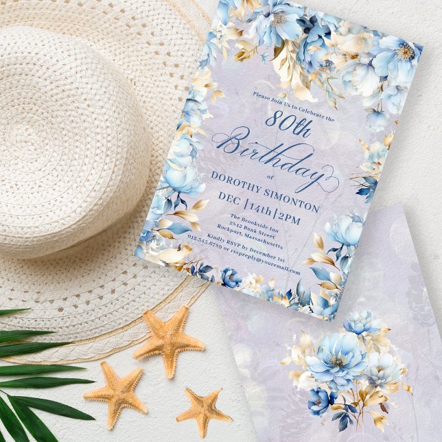 Lush Blue White Watercolor Floral 80th Birthday Invitation (Creator Uploaded)