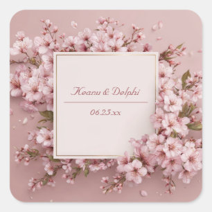Lush Blush Pink Cherry Blossom Gold Square Wedding Square Sticker