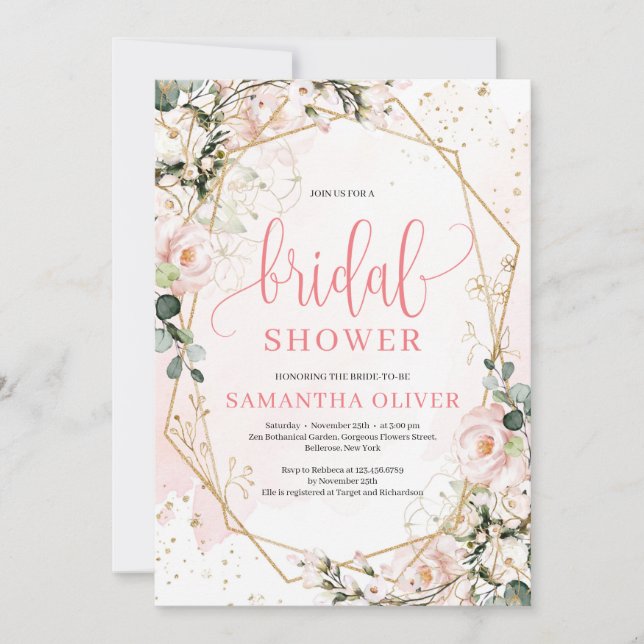 Lush blush pink floral gold frame bridal shower invitation (Front)