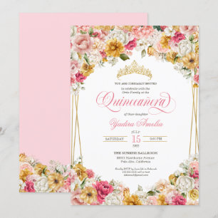 Lush Blush Pink Yellow Floral Elegant Quinceanera  Invitation