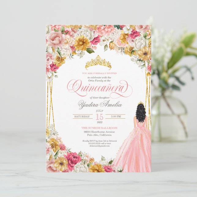 Lush Blush Pink Yellow Floral & Gown Quinceanera I Invitation (Standing Front)