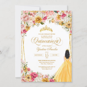 Lush Blush Pink Yellow Flowers & Gown Quinceanera Invitation
