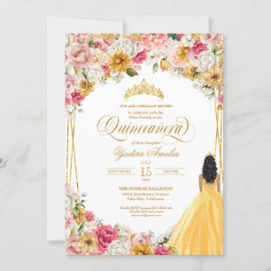 Lush Blush Pink Yellow Gold Floral Quinceanera Invitation