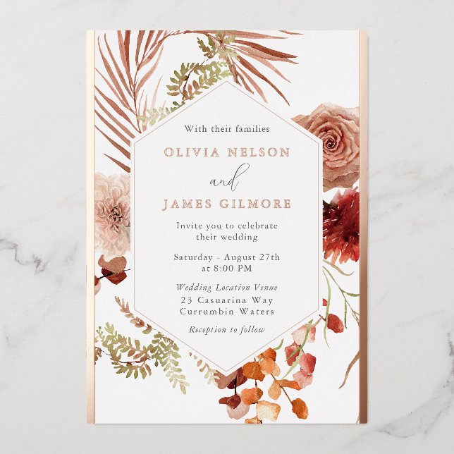 Lush Bohemian Floral Frame Wedding Rose Gold (Front)