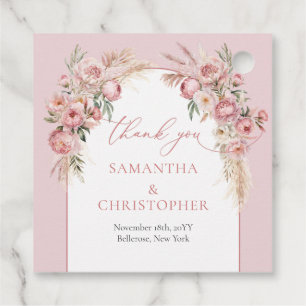 Lush bouquet blush peonies floral arch pampas favour tags