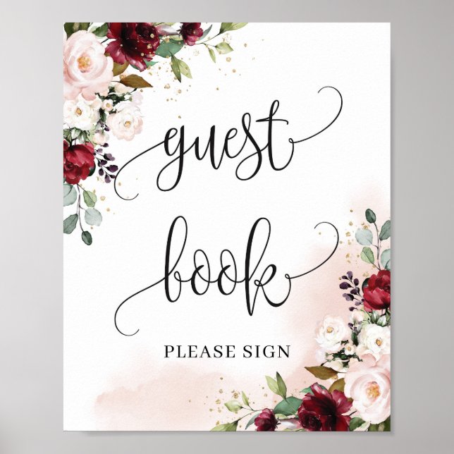 Lush burgundy blush pink floral guest book sign (Front)