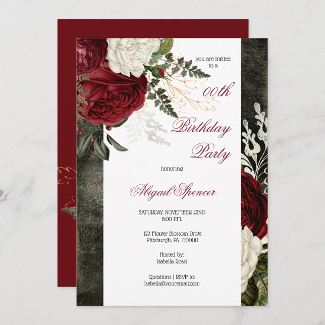 Lush Burgundy Floral Adult Birthday Party Invitation (Front/Back)
